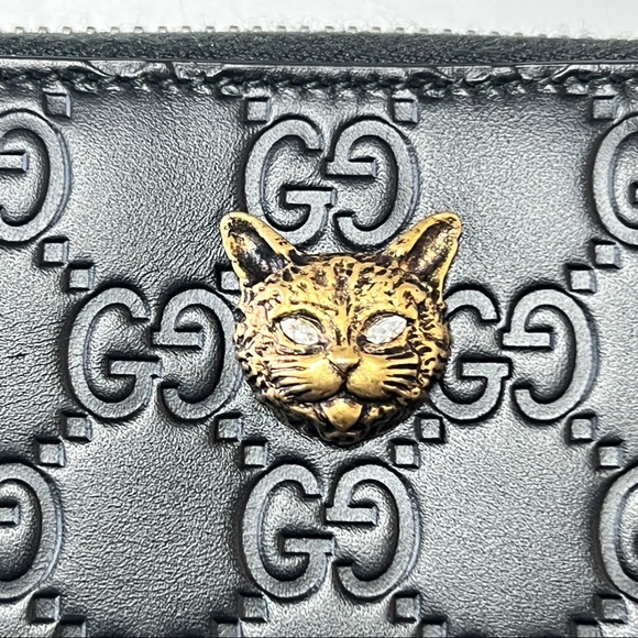 💛SOLD🖤 Gucci Cat Motif Continental Embossed GG Leather Zip Wallet - Picture 2 of 8